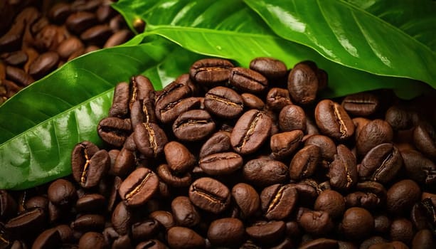 Coffee Bean Harmony.A captivating image of coffee beans, rich and dark, with vibrant green leaves nestled amidst them. The contrast between the dark beans and the bright leaves creates a visually striking composition, symbolizing the perfect balance of nature and cultivation. The image evokes a sense of warmth, comfort, and the rich aroma of freshly brewed coffee.