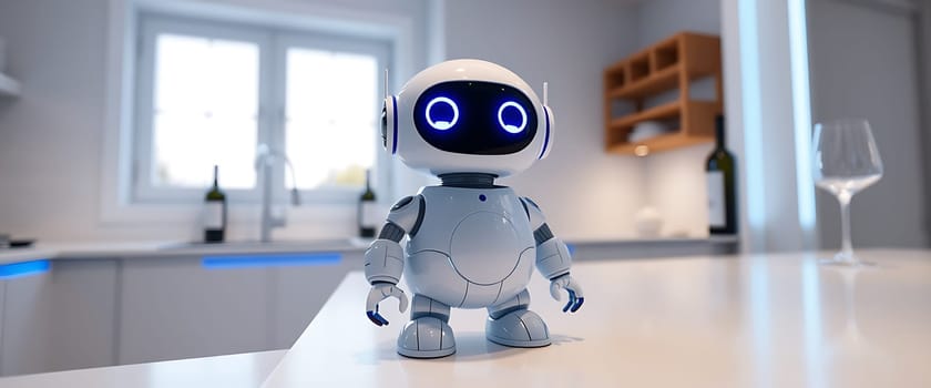 A futuristic-looking robot stands on a sleek, white countertop in a modern kitchen. Its glowing blue eyes and smooth white exterior exude a sense of intelligence and sophistication, contrasting against the minimalist backdrop. The clean lines of the kitchen and the bright light streaming through the window create a captivating atmosphere of modern domesticity.