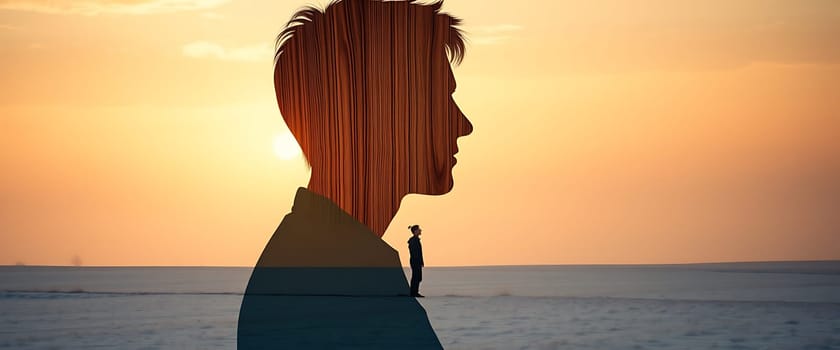 A solitary figure stands in a vast snowy field as the sun dips below the horizon, their silhouette partially obscured by a wooden texture. The figure's size is dwarfed by the expansive, golden sky, creating a sense of both isolation and wonder.
