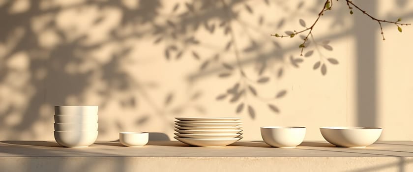 A serene scene unfolds with soft, dappled sunlight casting delicate shadows of a leafy branch against a warm, earthy backdrop. Stacked porcelain bowls and plates stand on a smooth, light-colored surface, creating a minimalist composition that invites contemplation and tranquility. The muted tones and subtle textures evoke a sense of peacefulness.
