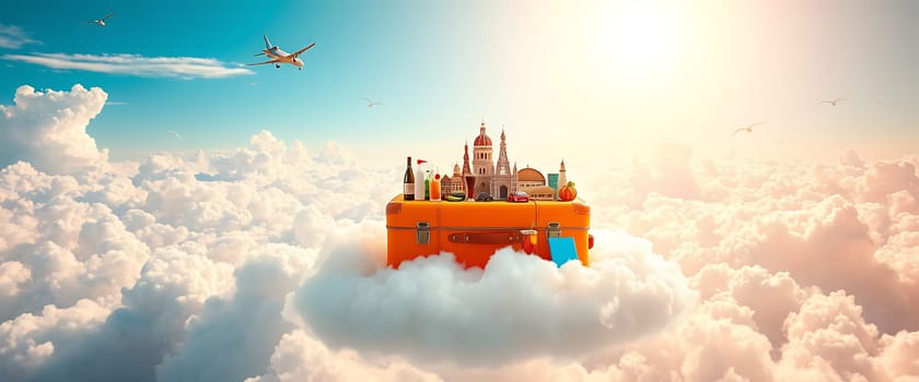 A vintage suitcase, adorned with miniature iconic landmarks, floats serenely amidst billowing clouds, bathed in golden sunlight. This whimsical scene evokes a sense of carefree adventure and embodies the wanderlust that fuels travel dreams. The scene is both surreal and evocative, capturing the essence of exploring the world.
