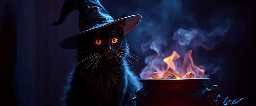 A black cat, adorned with a witch's hat, gazes intently at a cauldron bubbling with fiery flames and swirling smoke, creating a mesmerizing and whimsical scene. The cat's piercing yellow eyes and wispy whiskers add a touch of mischief and magic to the eerie, yet captivating atmosphere.