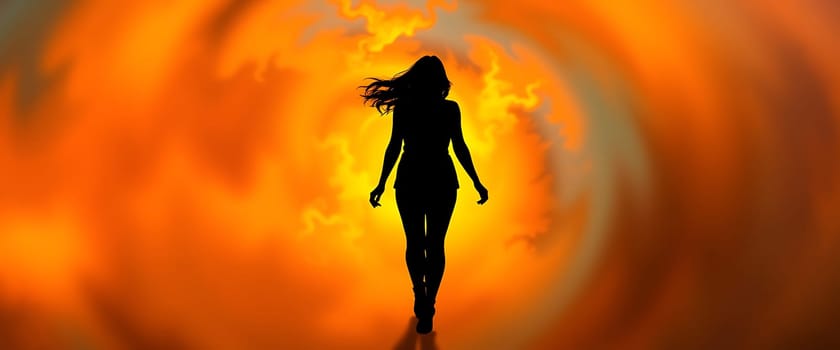 A lone figure, silhouetted against a swirling, fiery background, walks toward a luminous, almost ethereal portal. The woman's hair flows behind her as she moves, capturing the energy and mystery of the scene. This dramatic composition evokes a sense of both wonder and trepidation, hinting at a journey into the unknown.
