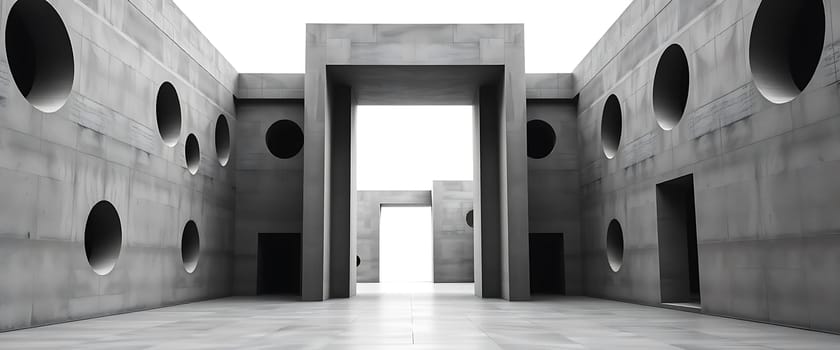 A minimalist concrete corridor features an array of circular and rectangular openings that create a sense of mystery and intrigue. The stark, geometric design evokes a feeling of isolation and contemplation, inviting the viewer to explore the hidden depths beyond the walls. The bright light emanating from the end of the corridor adds a glimmer of hope and possibility to the otherwise austere environment.