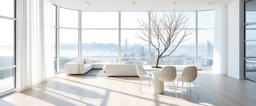 A minimalist haven with floor-to-ceiling windows framing breathtaking city and water views, bathed in soft, natural light. White furniture and a delicate, bare-branched tree create a sense of calm and serenity, emphasizing the room's airy ambiance and tranquil atmosphere. The vastness of the cityscape and the gleaming water invite the viewer to imagine the peaceful panorama unfolding outside.