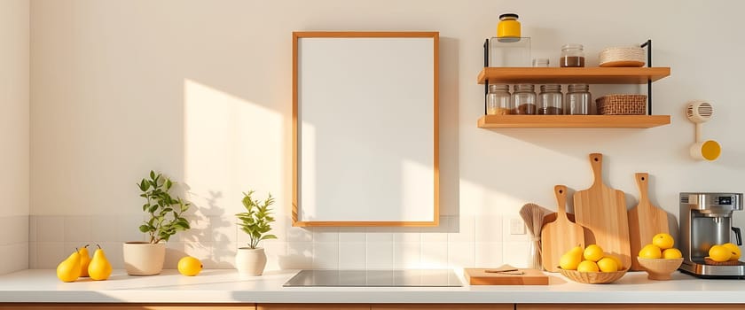 A minimalistic kitchen with a warm and inviting atmosphere is bathed in the golden glow of sunlight streaming through the window. The clean lines and muted color palette create a sense of calm, accentuated by the delicate greenery of the potted plants and the bright yellow pears arranged on the countertop. The natural light dances across the wood and ceramic surfaces, casting soft shadows that add depth and dimension to the scene.
