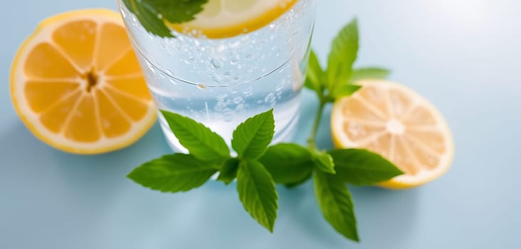 A refreshing glass of sparkling water, adorned with a slice of lemon and vibrant green mint leaves, sits on a soft blue background. The delicate bubbles rising in the glass capture a sense of effervescence, while the bright colors and natural elements create a vibrant and inviting atmosphere. The composition evokes a feeling of pure refreshment and summery bliss.