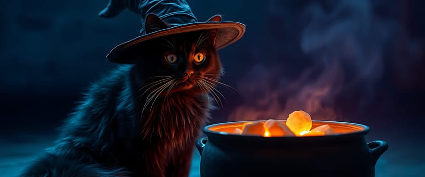A black cat, adorned with a witch's hat, gazes intently at a bubbling cauldron, its eyes glowing with an eerie light. Smoke curls around the flames within the pot, creating an otherworldly atmosphere that whispers of magic and mischief. The scene evokes a sense of playful wonder and intrigue, inviting the viewer to imagine the mystical secrets hidden within the darkness.
