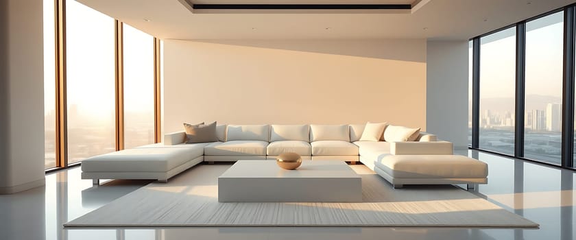A sleek, modern living space with a minimalist aesthetic boasts a large, sectional sofa and a minimalist coffee table, all bathed in the warm glow of the setting sun. The panoramic windows frame an expansive city skyline, creating a sense of calm and sophistication. The room's clean lines and light-filled ambiance evoke feelings of tranquility and luxury.