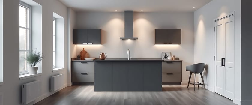 The minimalist kitchen boasts sleek gray cabinetry and a large island, providing a clean and modern aesthetic. Warm lighting casts a soft glow on the space, highlighting the wooden floorboards and creating a cozy ambiance. A lone stool sits in the corner, inviting relaxation in this stylish and functional environment.