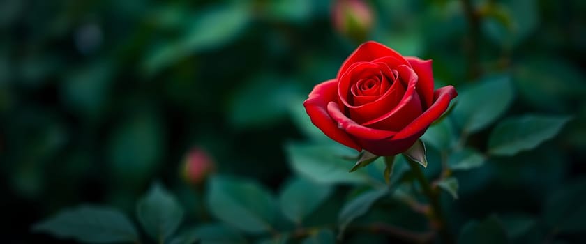 A single, velvety red rose blooms against a backdrop of lush, emerald green foliage. The vibrant rose stands out with its intricate layers of petals, creating a striking contrast with the muted greens. The soft focus on the background leaves the rose as the focal point, highlighting its beauty and delicate features.
