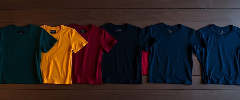Six t-shirts in vibrant colors lie neatly in a row on a rich, dark wooden surface, their smooth fabrics creating a captivating visual harmony. Each shirt boasts a simple design, showcasing the bold hues of teal, yellow, crimson, navy, and black, making it a compelling display of understated elegance. The minimalist aesthetic allows the colors to take center stage, creating a visually striking composition that draws the eye.
