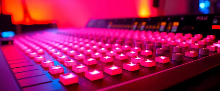 A close-up view of a vibrant audio mixing board, bathed in a mesmerizing pink glow. The illuminated buttons, arranged in a grid, evoke a sense of technological precision and creative energy. The interplay of light and shadow creates a captivating visual symphony that hints at the intricate process of sound manipulation.