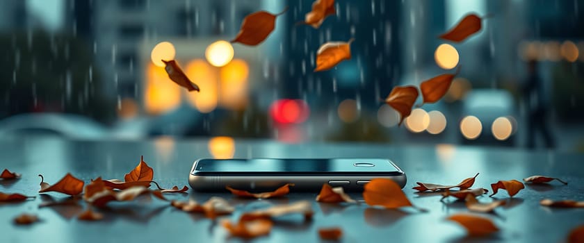 A solitary smartphone rests on a wet surface, surrounded by fallen autumn leaves. The scene is bathed in a soft, blue light, punctuated by the warm glow of distant city lights. The gentle rain creates a melancholic atmosphere, emphasizing the phone's isolation amidst the changing season.