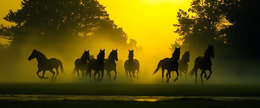 A breathtaking silhouette of a herd of horses running through a mist-filled meadow at sunrise. The golden light of dawn illuminates the scene, casting long shadows and creating an ethereal atmosphere. The horses' powerful strides and flowing manes evoke a sense of freedom and untamed beauty.