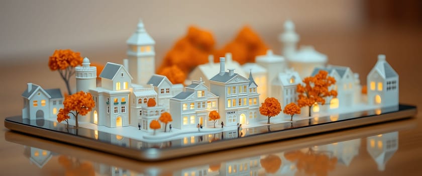 A miniature cityscape sits on a tablet, bathed in warm, inviting light. The tiny white houses are clustered together, nestled amongst vibrant orange trees, creating a charming and intimate scene. The scene exudes a sense of cozy comfort, as if the miniature world is tucked away in a private corner of reality.