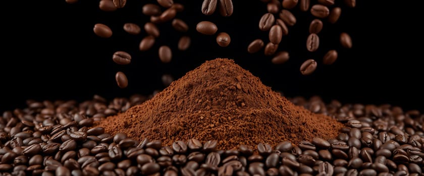 Coffee beans rain down on a heap of ground coffee, creating a mesmerizing visual symphony of browns and a powerful aroma. The beans, suspended mid-air, appear almost weightless, as if caught in a moment of suspended animation, while the ground coffee forms a rich, textured bed below. This captivating scene evokes a sense of anticipation, inviting the viewer to imagine the tantalizing taste and invigorating energy that await.