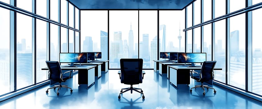 An empty office space with expansive windows showcasing a stunning city skyline, bathed in a cool blue hue. The image evokes a sense of solitude and anticipation, inviting the viewer to imagine the bustling activity that might soon fill the room. The large, sleek desks and comfortable chairs hint at a productive and modern work environment.