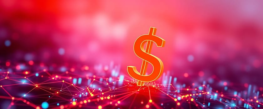 A luminous orange dollar sign stands tall on a vibrant, interconnected network of glowing red and blue lines. The dynamic background creates an ethereal atmosphere, suggesting the power and influence of finance in the digital age.