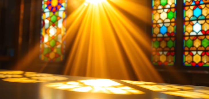 Golden rays of light stream through stained glass windows, casting a warm glow on a table below. The intricate patterns of the glass create a mesmerizing display of light and shadow, offering a sense of peace and tranquility. The scene is bathed in a soft, ethereal light, making it feel both intimate and grand.