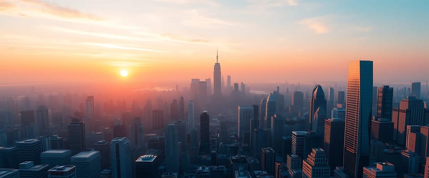A vibrant sunrise bathes a sprawling cityscape in a warm, golden glow. The sun, partially obscured by clouds, casts long shadows over the dense forest of skyscrapers, creating a dramatic contrast between light and shade. The scene evokes a sense of anticipation and hope, as the city awakens to a new day.