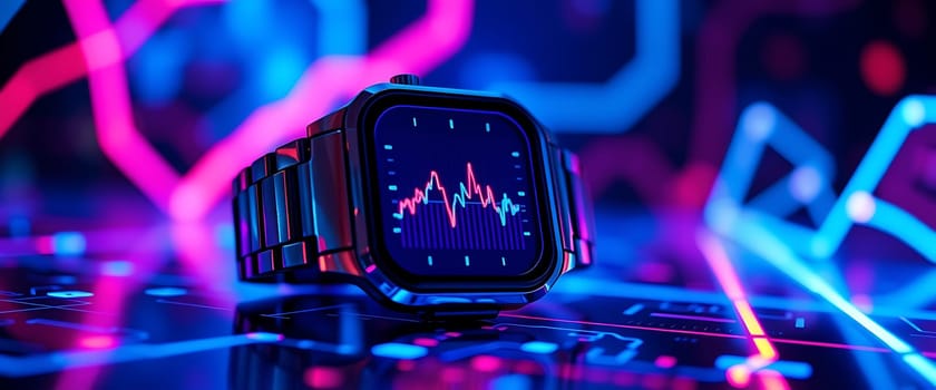 A sleek, modern smartwatch with a metallic finish rests on a surface bathed in vibrant blue and pink neon light. The watch face displays a data graph, highlighting its technological function, while the surrounding glow creates an ethereal and futuristic ambiance. The interplay of light and shadow on the device adds depth and visual intrigue to the scene.