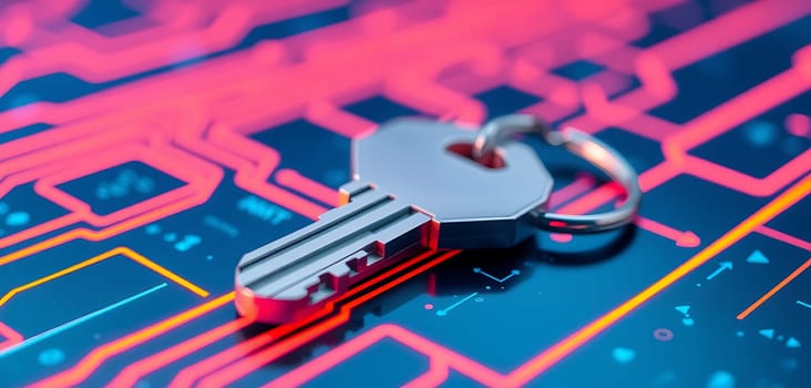 A gleaming silver key rests on a vibrant, abstract circuit board, illuminated by a striking blend of neon pink and yellow lines. The key, symbolizing access and security, seems to hold the power to unlock a hidden digital world, creating a visually captivating and thought-provoking image.