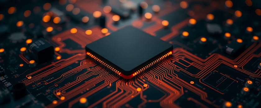 A close-up view of a glowing microprocessor nestled within a circuit board, its intricate network of glowing red pathways evokes a sense of hidden energy and complex processing power. The dark background and subtle bokeh create an atmosphere of intrigue and mystery, highlighting the unseen world of technology.