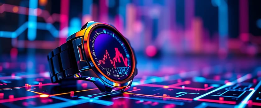 A sleek, futuristic wristwatch rests on a glowing, abstract surface. Its digital face displays a dynamic graph, capturing the thrill and uncertainty of the financial world. Neon hues illuminate the scene, creating a vibrant and energetic atmosphere.