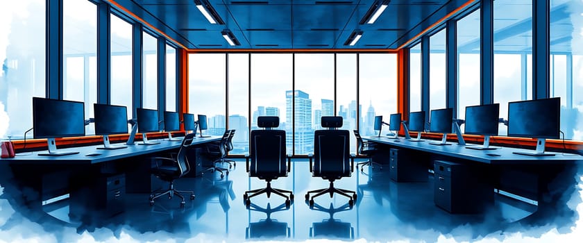 A modern office space with an expansive cityscape view, captured in a captivating blue-toned watercolor style. The sleek desks, chairs, and monitors blend into the urban panorama, creating a sense of calm focus and efficiency. The bright city lights and subtle orange trim add a touch of warmth and contrast to the cool blue palette.
