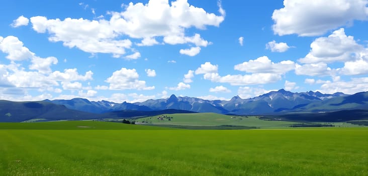 A vast expanse of verdant grass stretches out beneath a cerulean sky, dotted with fluffy white clouds. A dramatic mountain range, sharply defined against the horizon, provides a breathtaking backdrop, creating a sense of tranquility and awe. The scene evokes a feeling of boundless space and quiet contemplation.