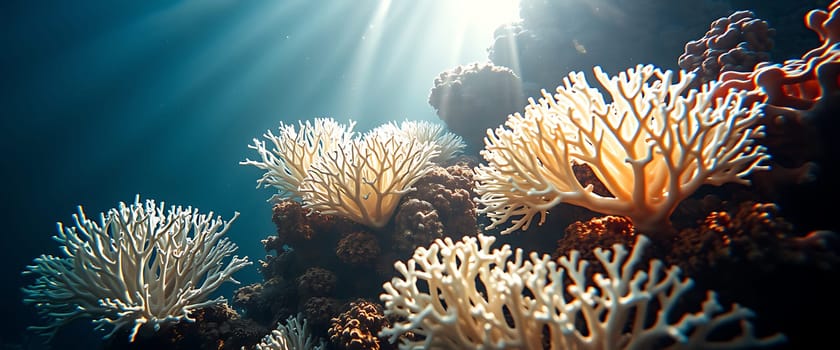 A mesmerizing underwater scene reveals intricate coral formations bathed in ethereal sunlight. The delicate, white branches of the coral stand out against the deep blue backdrop, creating a sense of tranquility and wonder. Rays of light pierce through the water, highlighting the delicate textures and intricate patterns of the underwater world.