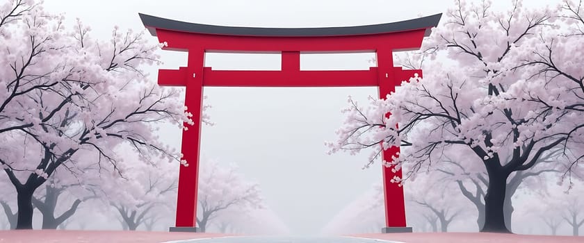 A vibrant red torii gate stands tall against a backdrop of ethereal, misty white cherry blossoms, their delicate branches reaching towards the sky. The soft, muted colors and hazy atmosphere evoke a sense of tranquility and serenity, inviting the viewer to step through the portal and explore the serene beauty that lies beyond.