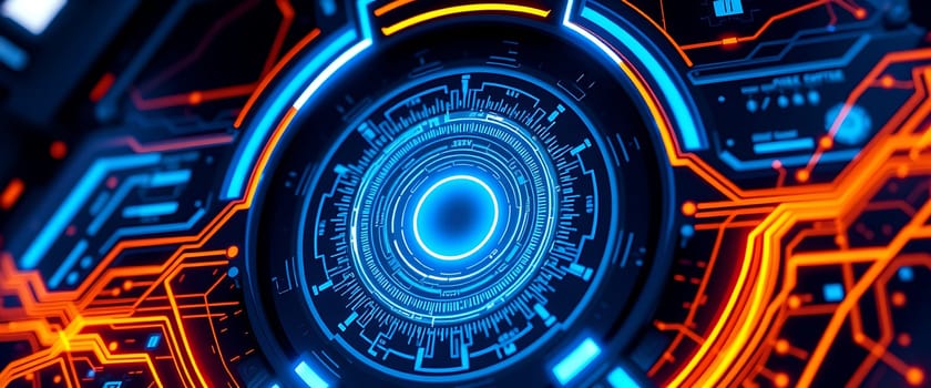 A futuristic, abstract design of a glowing, circular interface with intricate details, surrounded by illuminated circuit board-like patterns. The vibrant blue and orange hues create a visually striking contrast, evoking a sense of technological advancement and power. The central, circular element pulsates with energy, captivating the viewer's attention.