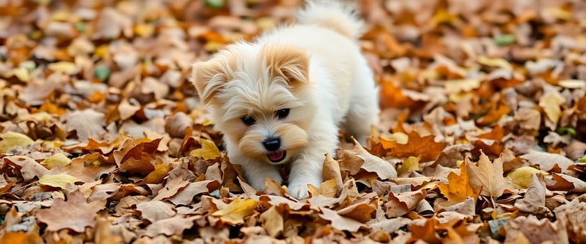 A fluffy, white puppy with a playful expression explores a bed of fallen leaves, its tongue sticking out as if tasting the autumn air. The vibrant yellow and brown leaves create a warm and inviting backdrop, enhancing the cuteness of the scene. The image captures the joy of exploration and the beauty of nature's seasonal transformation.