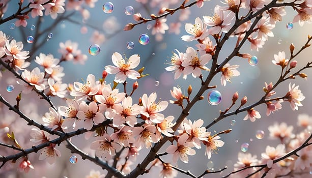 Delicate pink blossoms burst from a slender branch, their petals catching the light in a soft glow. Shimmering iridescent bubbles dance in the air around the flowers, adding a whimsical touch to the scene, evoking feelings of joy and gentle wonder.
