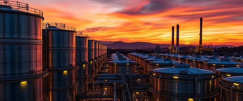 An industrial landscape is bathed in the warm glow of a fiery sunset. Rows of towering steel tanks, illuminated with soft yellow lights, stand against a backdrop of dramatic clouds, creating a surreal and somewhat ominous atmosphere. The scene evokes a sense of both power and fragility, highlighting the intricate network of pipes that connect the tanks.