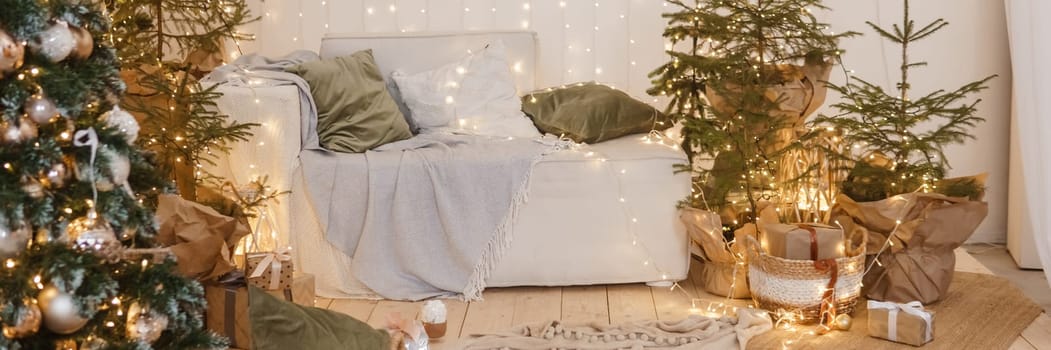 Interior bedrooms in Scandinavian style, decorated for the Christmas holidays. Live ate in the interior