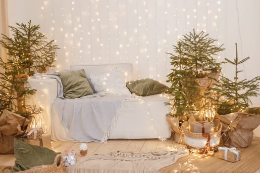 Interior bedrooms in Scandinavian style, decorated for the Christmas holidays. Live ate in the interior