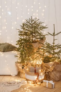 Interior bedrooms in Scandinavian style, decorated for the Christmas holidays. Live ate in the interior