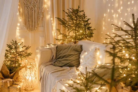 Interior bedrooms in Scandinavian style, decorated for the Christmas holidays. Live ate in the interior