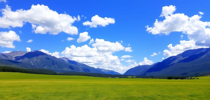 A vast, verdant field stretches towards the horizon, framed by majestic mountains that pierce the sky. Fluffy white clouds dance lazily against the brilliant blue canvas above, casting playful shadows across the scene. This idyllic landscape evokes a sense of peace and tranquility, inviting you to wander through its serene beauty.