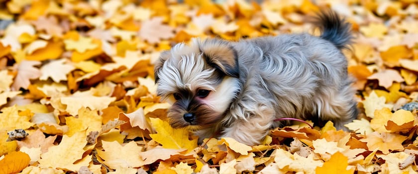 A fluffy, gray and white puppy with a black tail wades through a sea of golden autumn leaves. Its soft fur and big, curious eyes stand out against the vibrant backdrop of the forest floor, creating a warm and inviting scene. The image captures the joy of exploration and the beauty of nature's changing seasons.