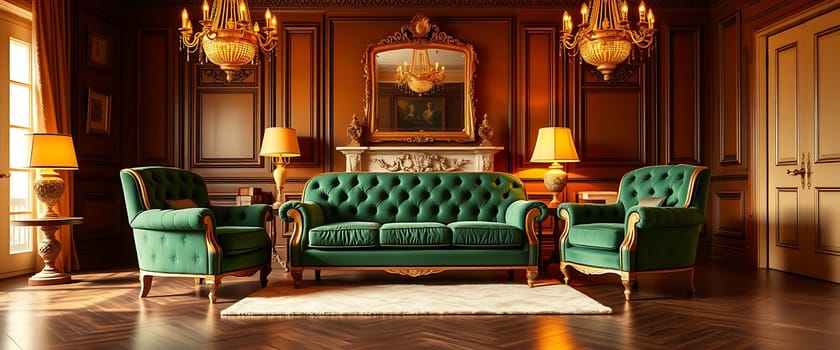 A lavishly appointed sitting room, bathed in the warm glow of antique lamps and ornate chandeliers, evokes a sense of timeless elegance. Rich wood paneling, a plush green velvet sofa, and intricate gold accents combine to create a luxurious atmosphere, whispering tales of grand gatherings and quiet contemplation.