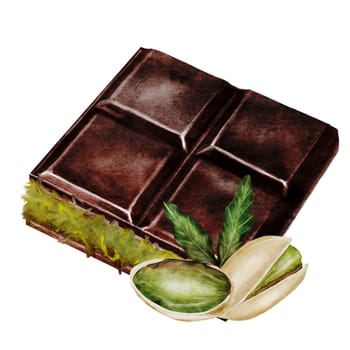 Chocolate watercolor. Hand drawn Dubai dark chocolate bar filled with kataifi and pistachio paste on isolated white background. Clip art of sweet dessert. Ideal for logo and packaging of sweets, coffee shop menu and recipes. High quality illustration