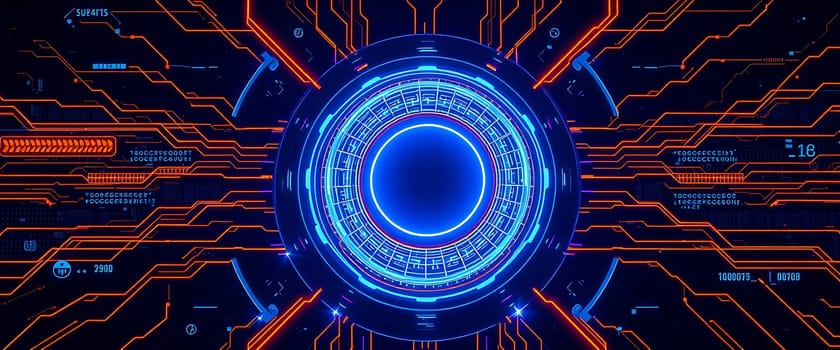 A glowing, futuristic interface pulsates with energy, showcasing vibrant orange and blue lines that form a mesmerizing pattern. The central circular element, encased in a ring of glowing blue, exudes an aura of power and technological advancement. The complex, interwoven lines suggest a dynamic and intricate network humming with unseen processes.