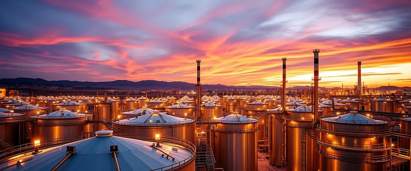A captivating sunset bathes a sprawling industrial complex in a warm glow, illuminating rows of towering, cylindrical tanks and their intricate networks of pipelines. The sky above is ablaze with vibrant hues of orange, pink, and purple, creating a breathtaking contrast against the metallic structures below. This scene evokes a sense of both grandeur and industry, showcasing the power and beauty of human ingenuity.
