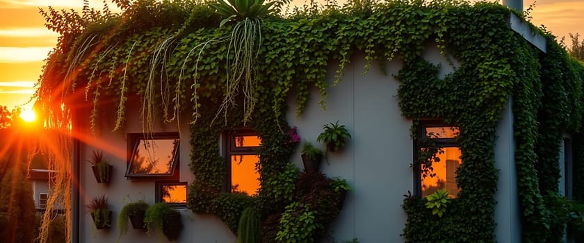 A lush green facade completely covers a building, its windows framing a vibrant sunset. Vines cascade down the structure, creating a tapestry of life against the cool grey walls, while potted plants punctuate the scene with pops of color. The warm glow of the setting sun, reflected in the windows, adds a touch of tranquility to the vibrant scene.