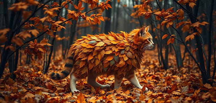 A cat, almost entirely covered in autumn leaves, walks through a forest with an air of mystery and tranquility. The warm tones of the leaves create a beautiful contrast with the dark, shadowed trees, while the soft light filters through the canopy, creating a magical atmosphere. The cats sharp eyes and slightly alert stance hint at a hidden sense of wonder, perhaps exploring a secret world within the forest.