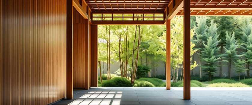 The frame of a wooden structure, with a slatted roof, provides a unique perspective of a serene garden beyond. The sunlight filters through the lush green foliage, casting soft shadows on the tiled floor and creating an atmosphere of tranquility and peace. A sense of privacy and quiet contemplation pervades the space, inviting one to pause and appreciate the beauty of nature.